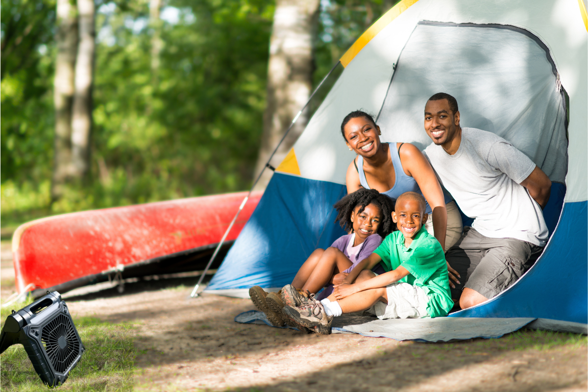 Family Camping With Portable Solar Fan