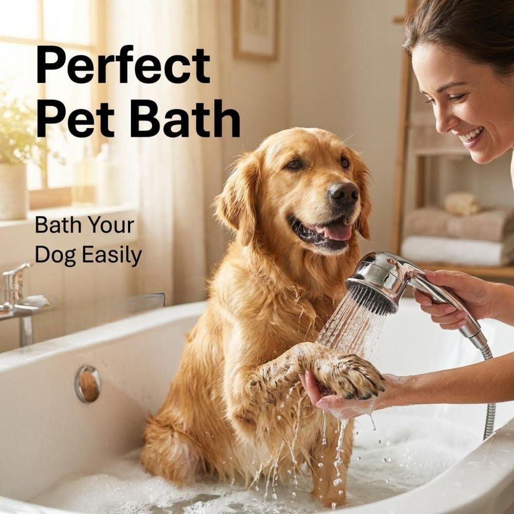 Woman bathing a golden retriever in a bathtub with a handheld shower head with the text 'Perfect Pet Bath' and 'Bath Your Dog Easily'.