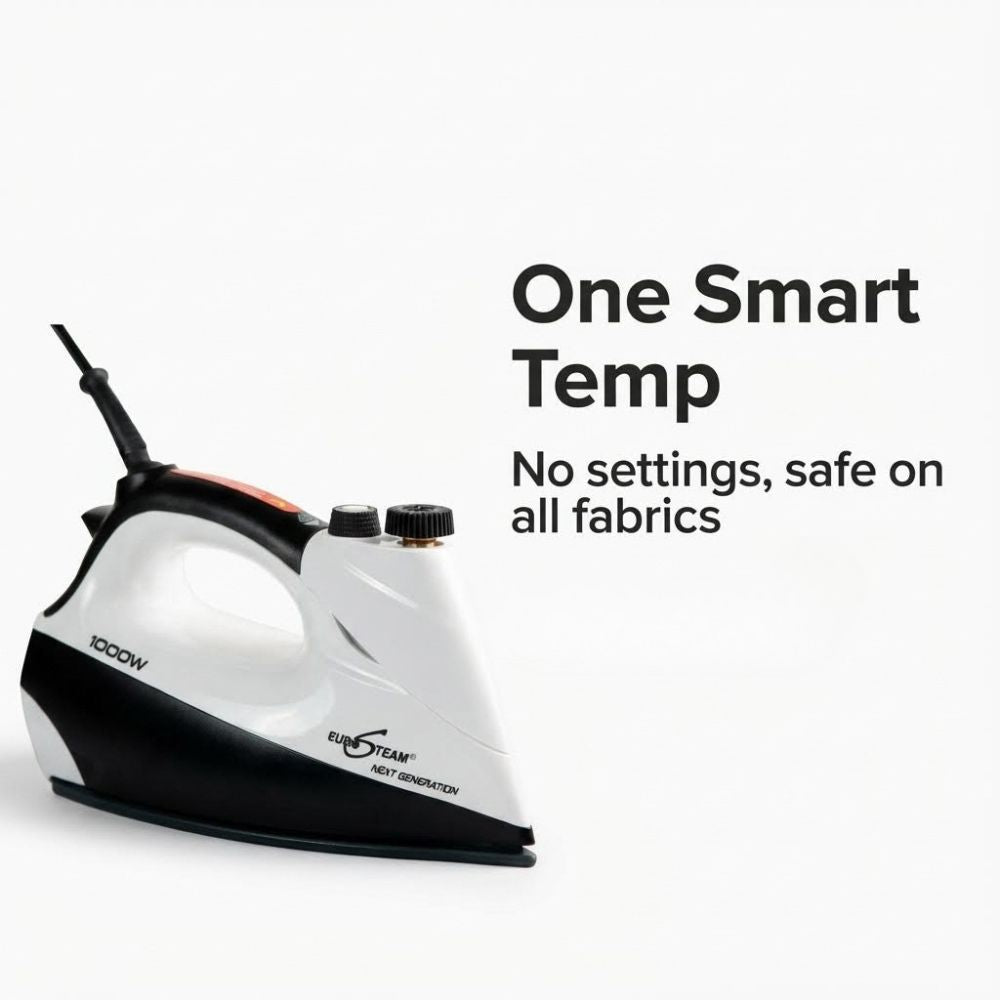 Eurosteam Next Generation iron with text 'One Smart Temp' and 'No settings, safe on all fabrics' on a white background