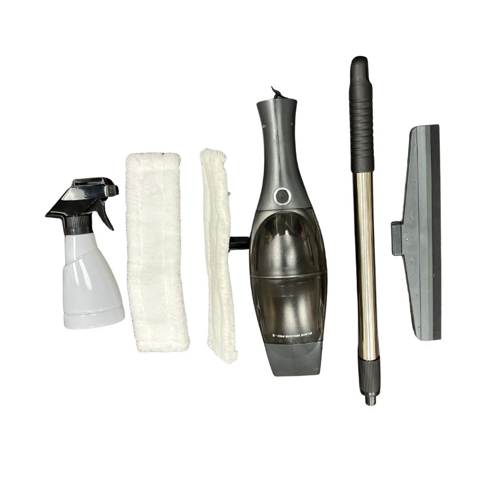 Set of cleaning tools including a Blade Window Pro-E cleaner, spray bottle, cloths and squeegees on a white background