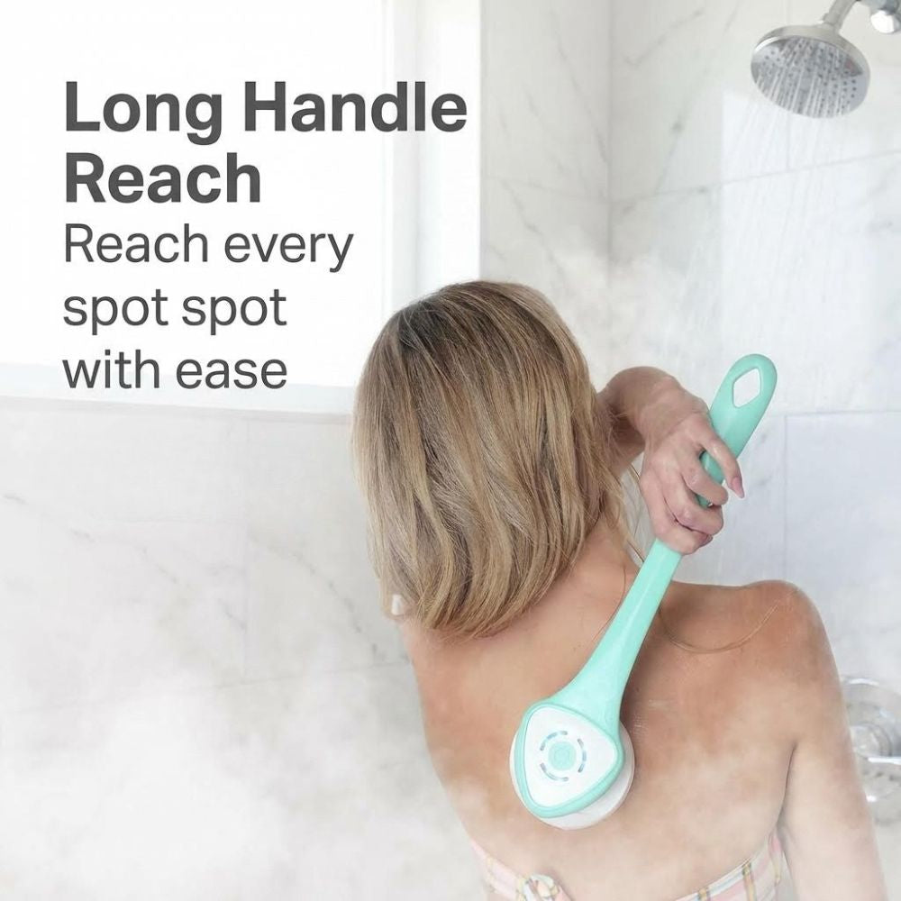 Person using a long-handled shower brush with text 'Long Handle Reach' in a bathroom setting.