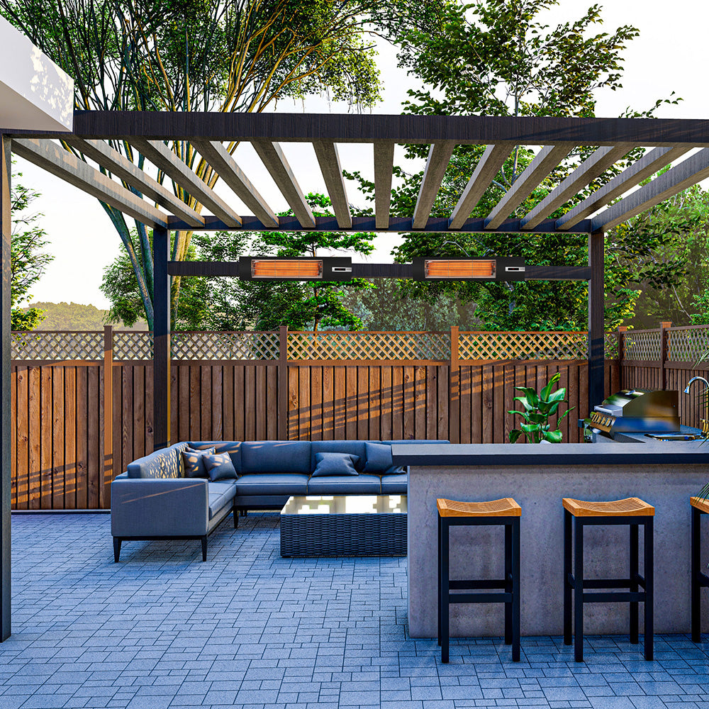 Outdoor patio with pergola, couch, and bar area. Veito infrared heaters are keeping the area warm.