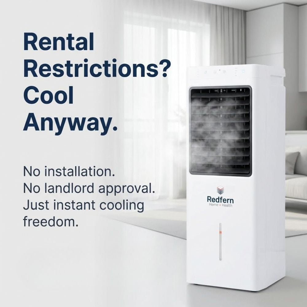 Portable evaporative air cooler with text about rental restrictions and instant cooling freedom in a living room setting.