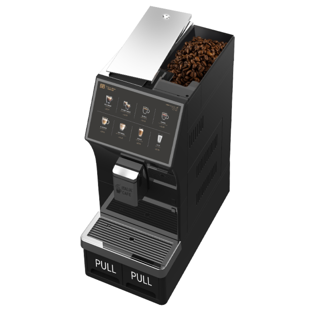 Italia Cafe 102 Coffee Machine. Italia Café I with open lid revealing refillable coffee bean compartment.