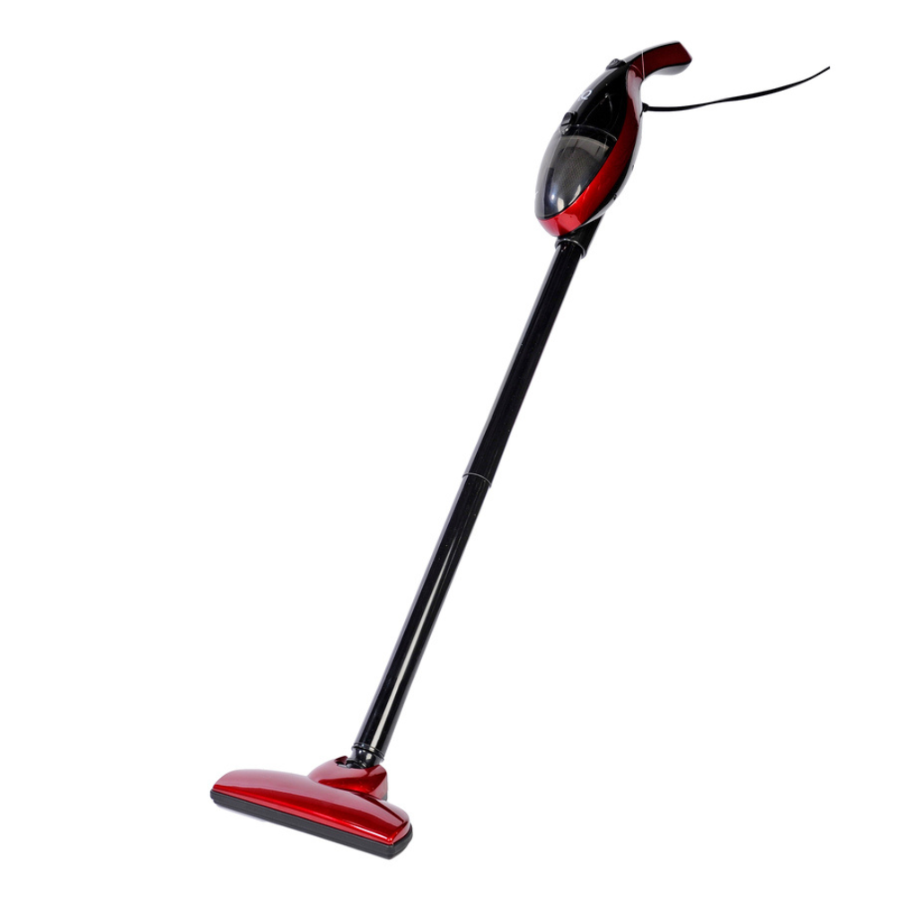 A sleek, modern 2 in 1 stick vacuum cleaner in black and red, featuring a power button and ergonomic design for easy use.