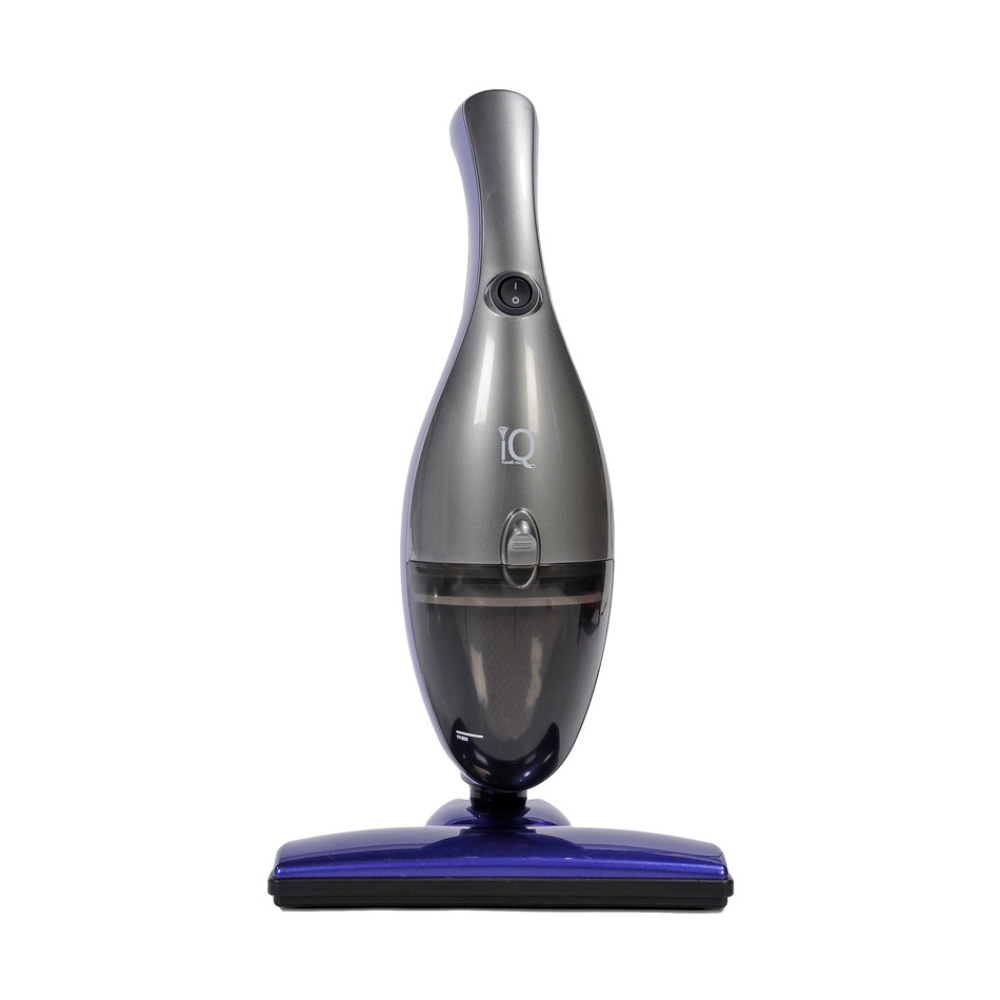 A sleek, modern handheld vacuum cleaner in black and blue, featuring a power button and ergonomic design for easy use.