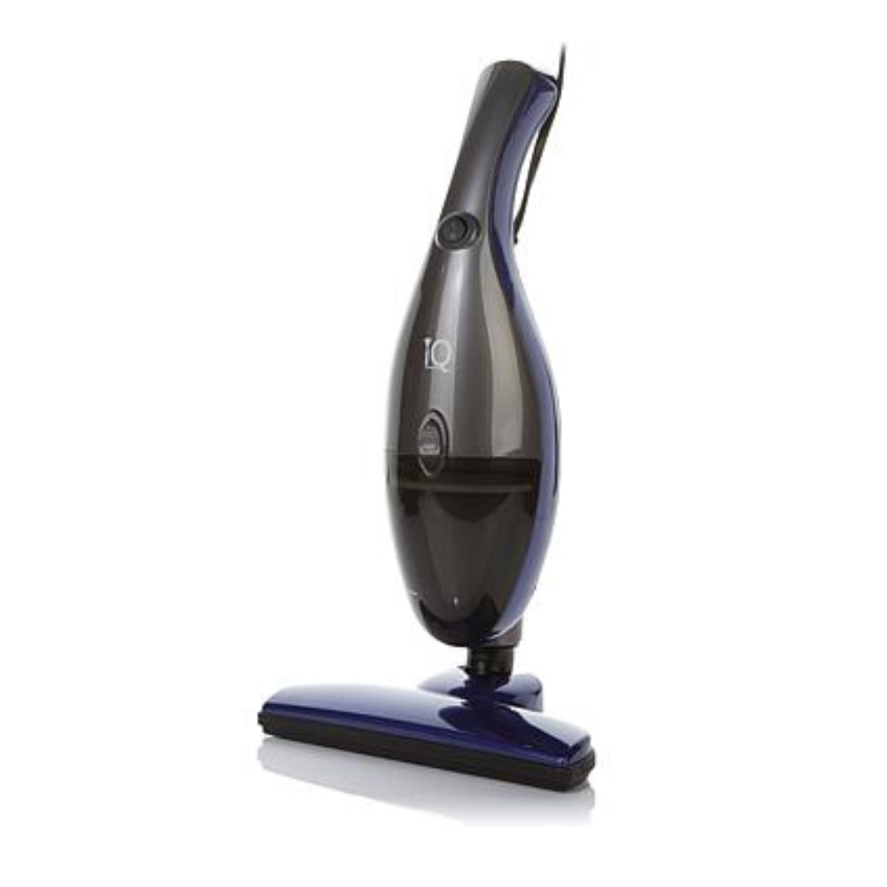 A sleek, modern handheld vacuum cleaner in black and blue, featuring a power button and ergonomic design for easy use.