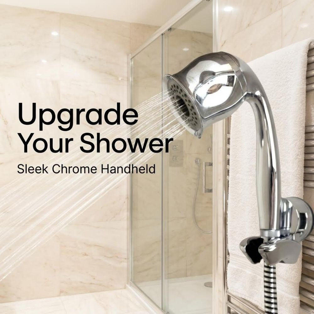 Chrome handheld shower head in a bathroom setting with text 'Upgrade Your Shower' and 'Sleek Chrome Handheld'.