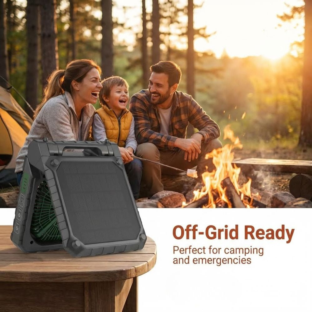 Family camping with a portable power solar fan labeled 'Off-Grid Ready' in a forest setting.