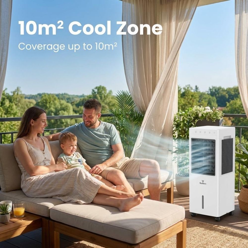 Family on a balcony with a portable air conditioner labeled '10m² Cool Zone'.