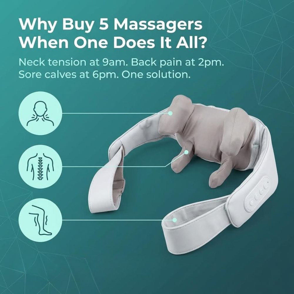 Backplus Cordless Platinum neck and shoulder massager with text on a green background