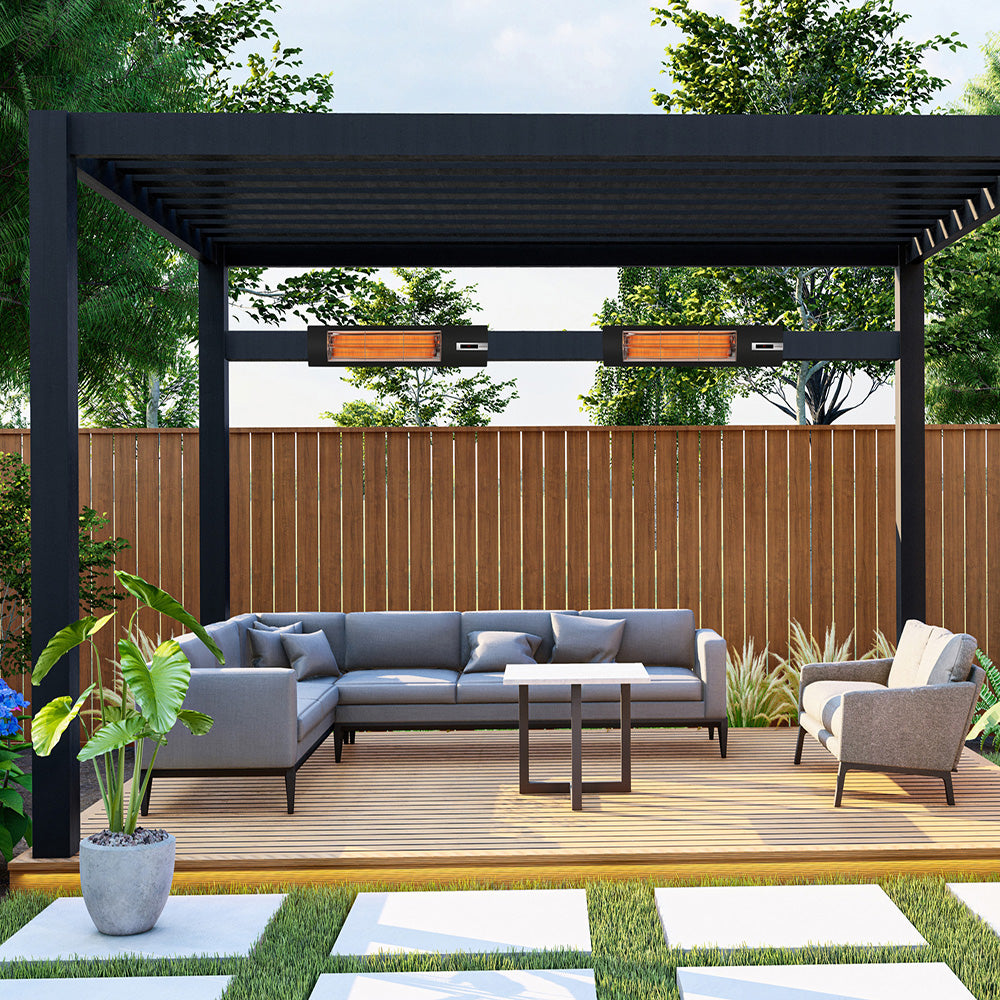 Outdoor patio with infrared heaters, gray sectional sofa, coffee table, and chairs under a black pergola.
