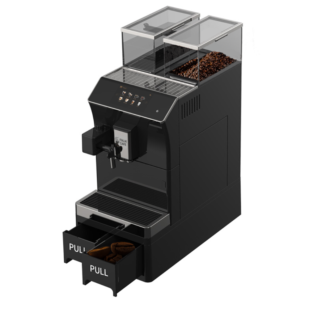 Italia Cafe 101 Coffee Machine with heap of aromatic whole coffee beans ready for grinding.