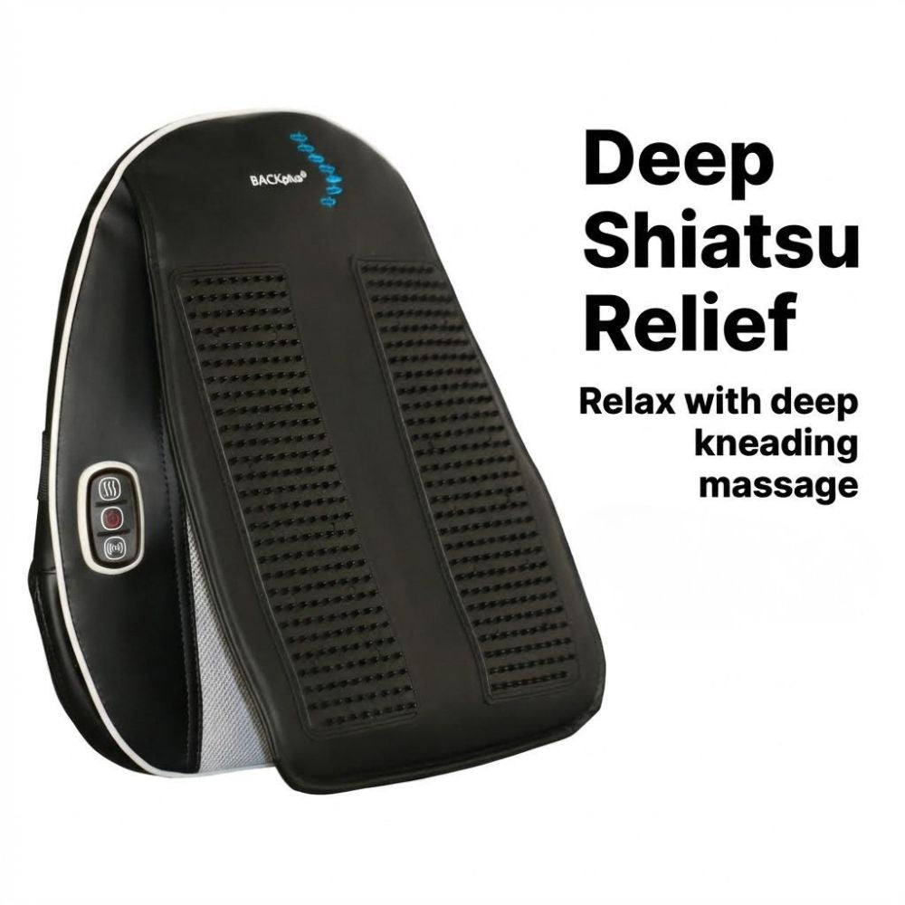 Black back and neck massage device with text 'Deep Shiatsu Relief' on a white background