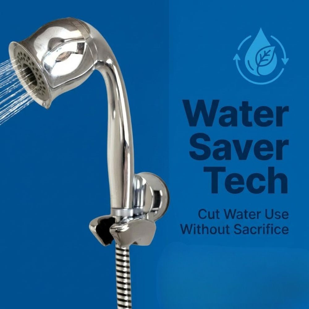 Chrome handheld shower head with water saving technology on a blue background