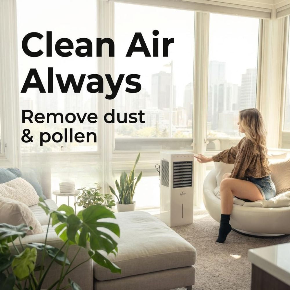 Living room with a person using an air cooler with purifier, text 'Clean Air Always Remove dust & pollen'.