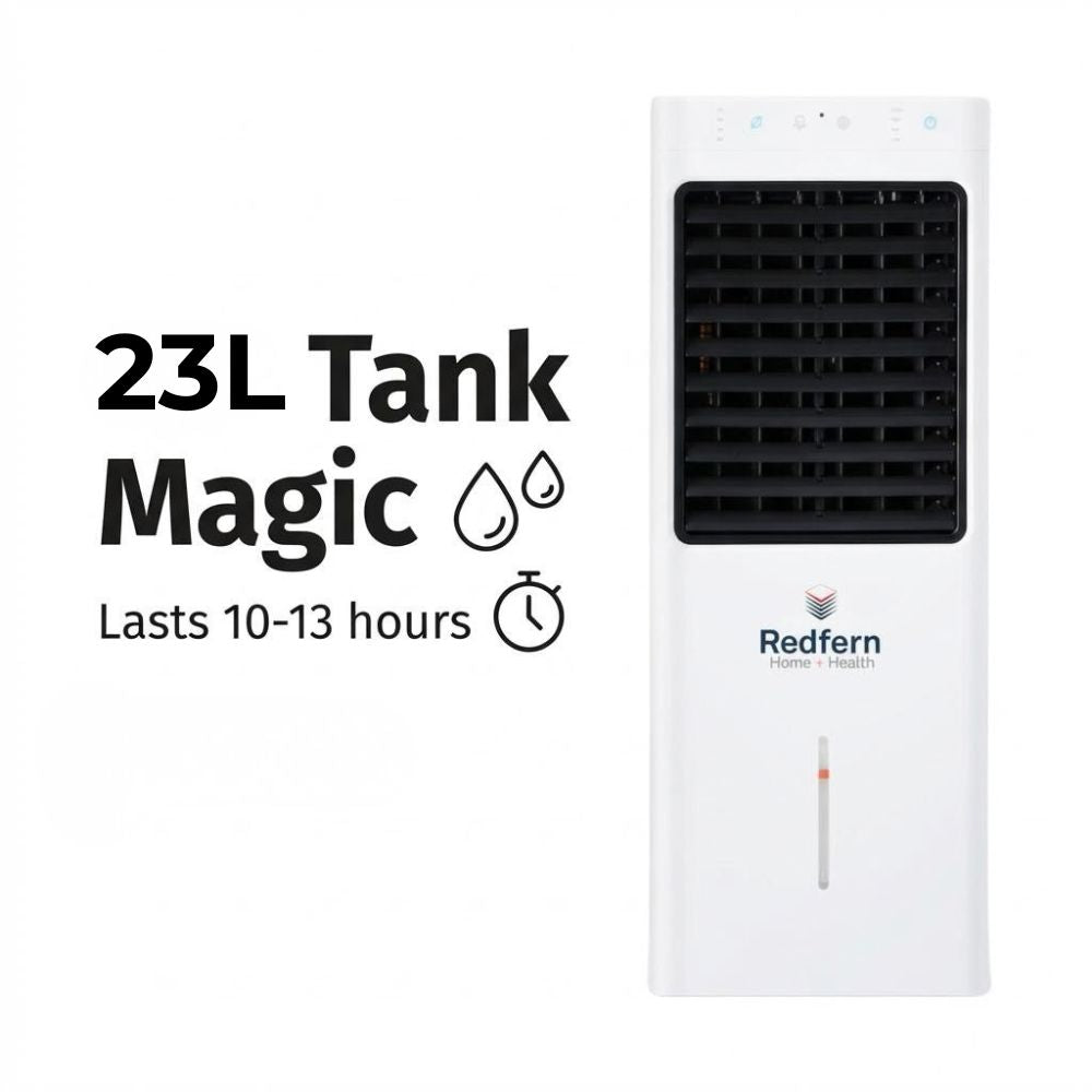 White iQ Pure Breeze Air Cooler with black text and Redfern branding on a white background