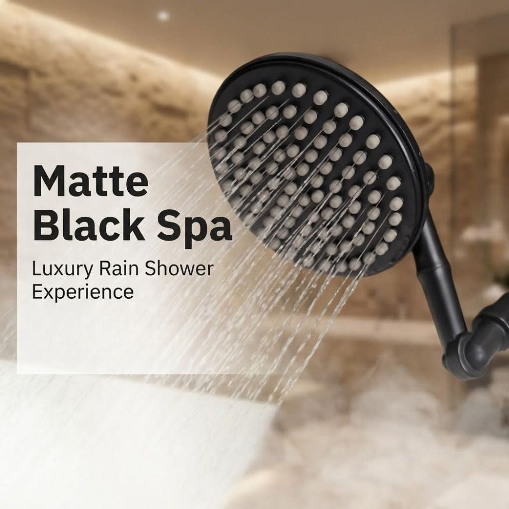 Matte black shower head with water spraying in a bathroom setting, labeled 'Matte Black Spa' and 'Luxury Rain Shower Experience'