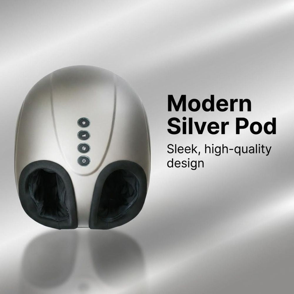 Modern silver pod BACKplus foot massager with black accents on a reflective surface