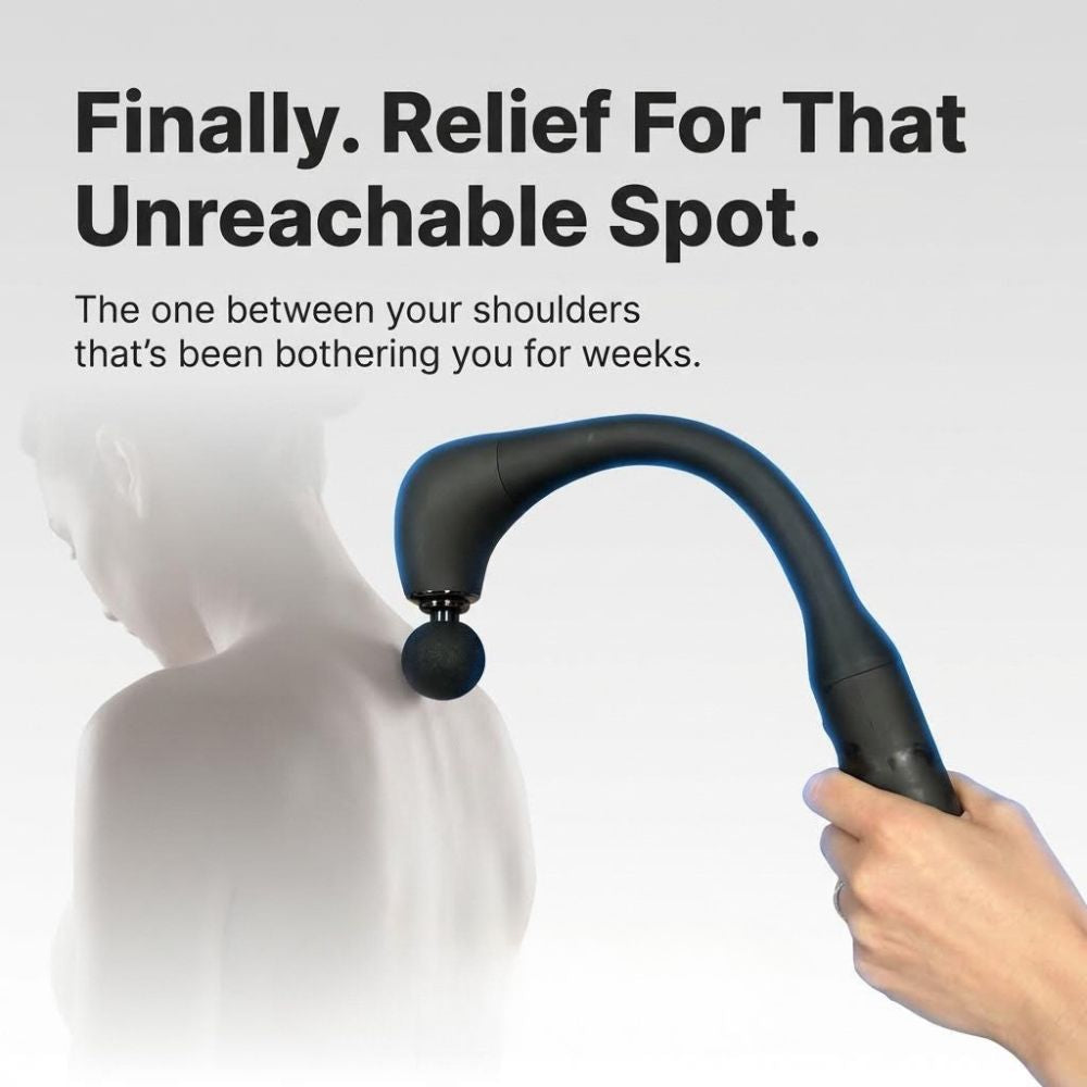 Handheld massager being used on a shoulder with text about relieving discomfort.