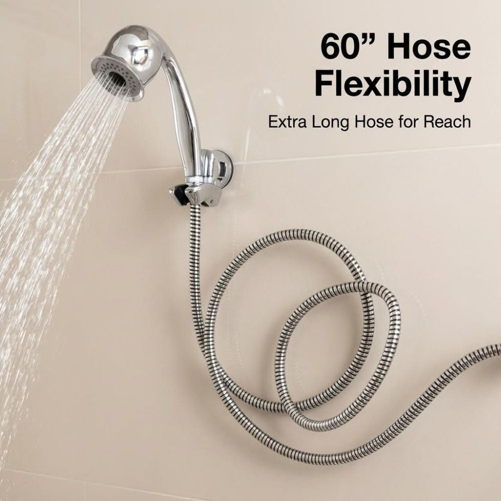 Chrome handheld shower head with 60-inch hose on a beige tiled wall