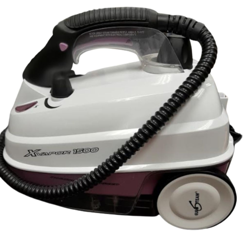 White and purple steam iron with hose on a white background