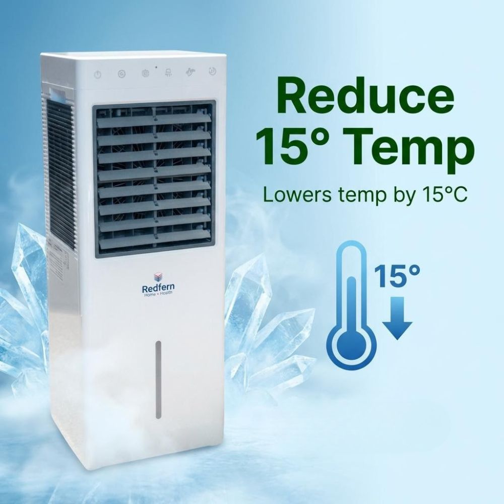 Portable air conditioner with temperature reduction feature on a blue background