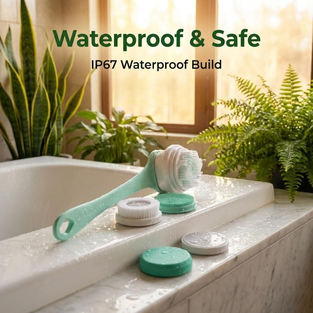 Green waterproof bath brush with attachments on a bathtub ledge, surrounded by plants.