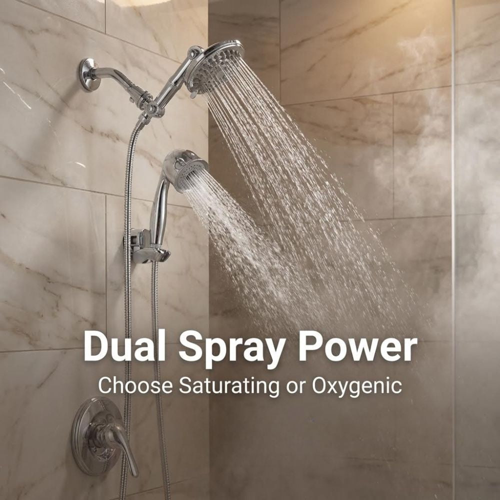 Handheld shower head with dual spray power feature on a tiled shower wall.