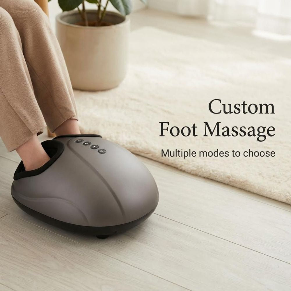 Person using a foot massage device with text 'Custom Foot Massage' and 'Multiple modes to choose' on a light wooden floor.