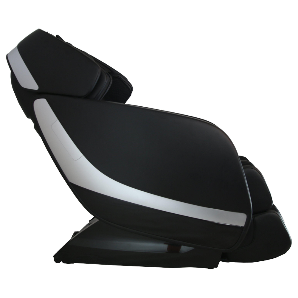 A sleek, modern recliner chair in black with a gray accent, shown in a side view, emphasizing its ergonomic design.