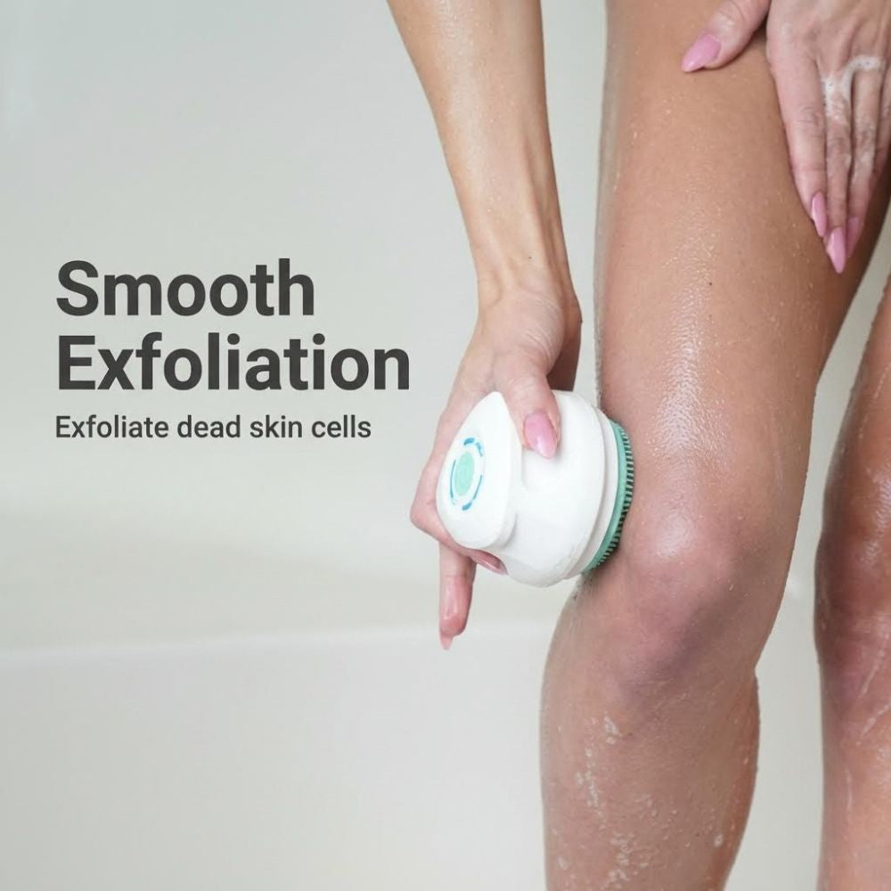 Person using the ShowerMe Shower brush as an exfoliation device on their leg with text 'Smooth Exfoliation' and 'Exfoliate dead skin cells'.