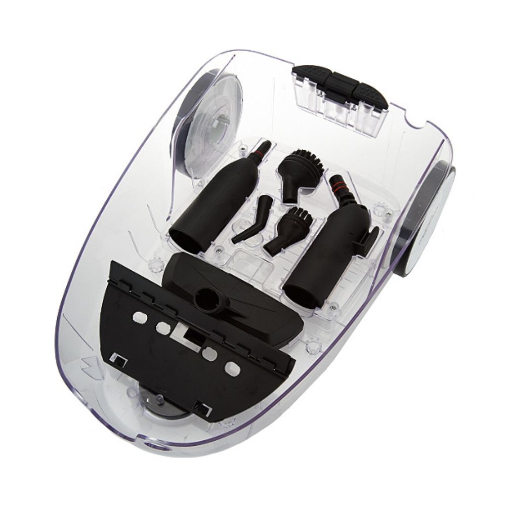 Clear kit with black attachments on a white background