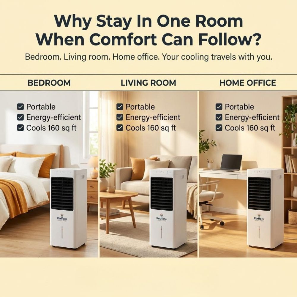 Portable air conditioner shown in bedroom, living room, and home office with text highlighting features.