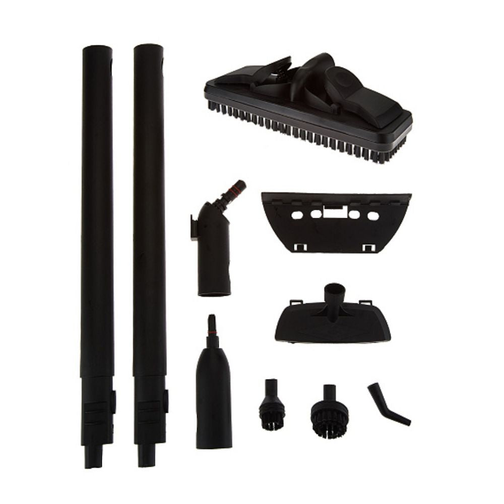 Set of black steamer attachments on a white background