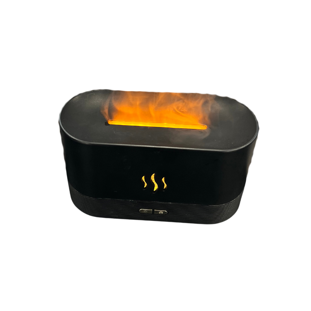 A black humidifier with a modern design emits an orange flame-like light at the top, with a warm glow suggesting heat. It's sleek and compact.