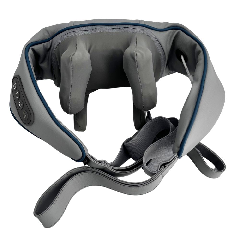 Gray with Blue trim neck massager with control panel on a white background