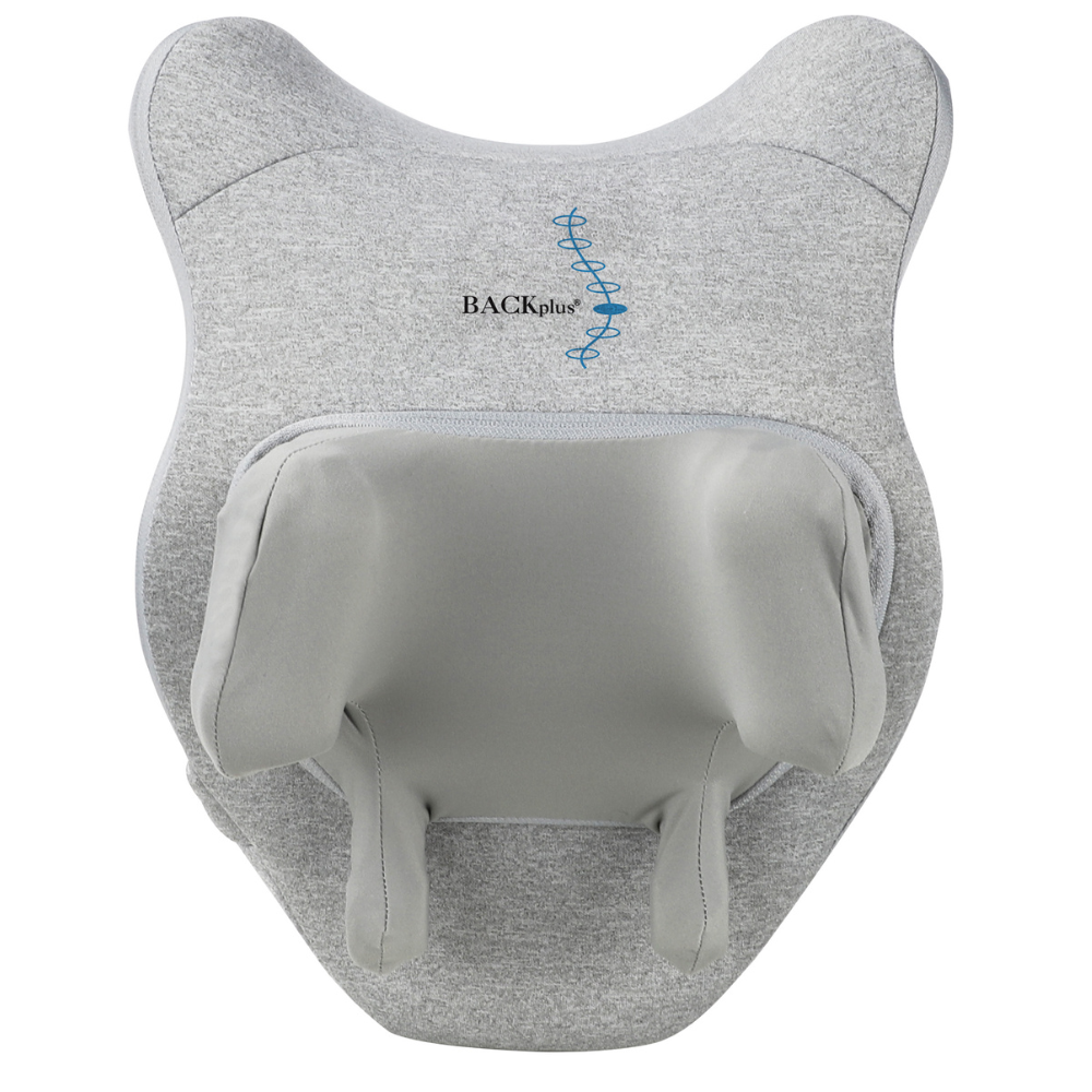 A gray BACKplus 3D Massage Pillow with a prominent logo at the top and a form designed to fit the contours of a body for massage - highlighting massage nodes and fabric texture.