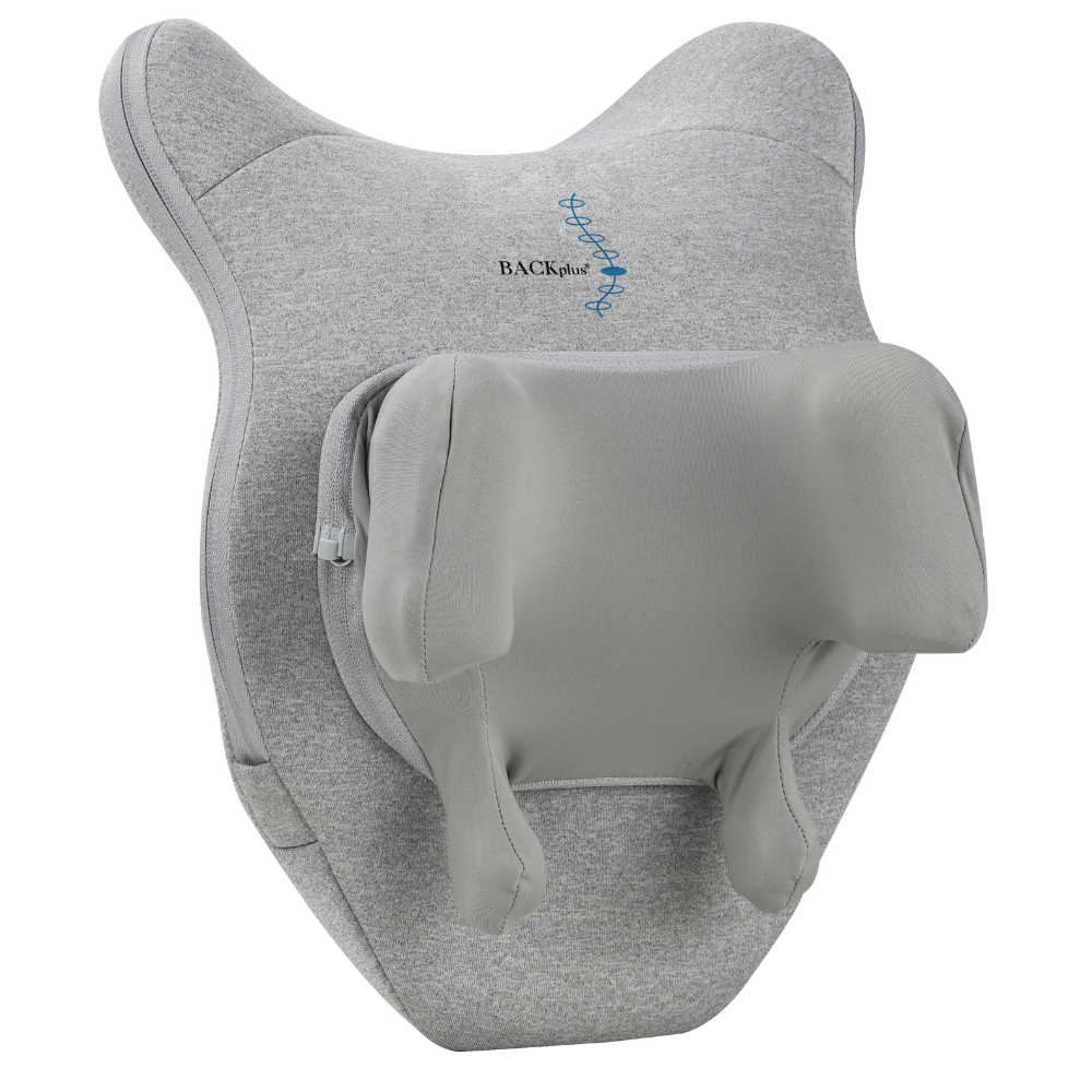 Front-angle display of BACKplus pillow showing Shiatsu roller contours and streamlined shape.