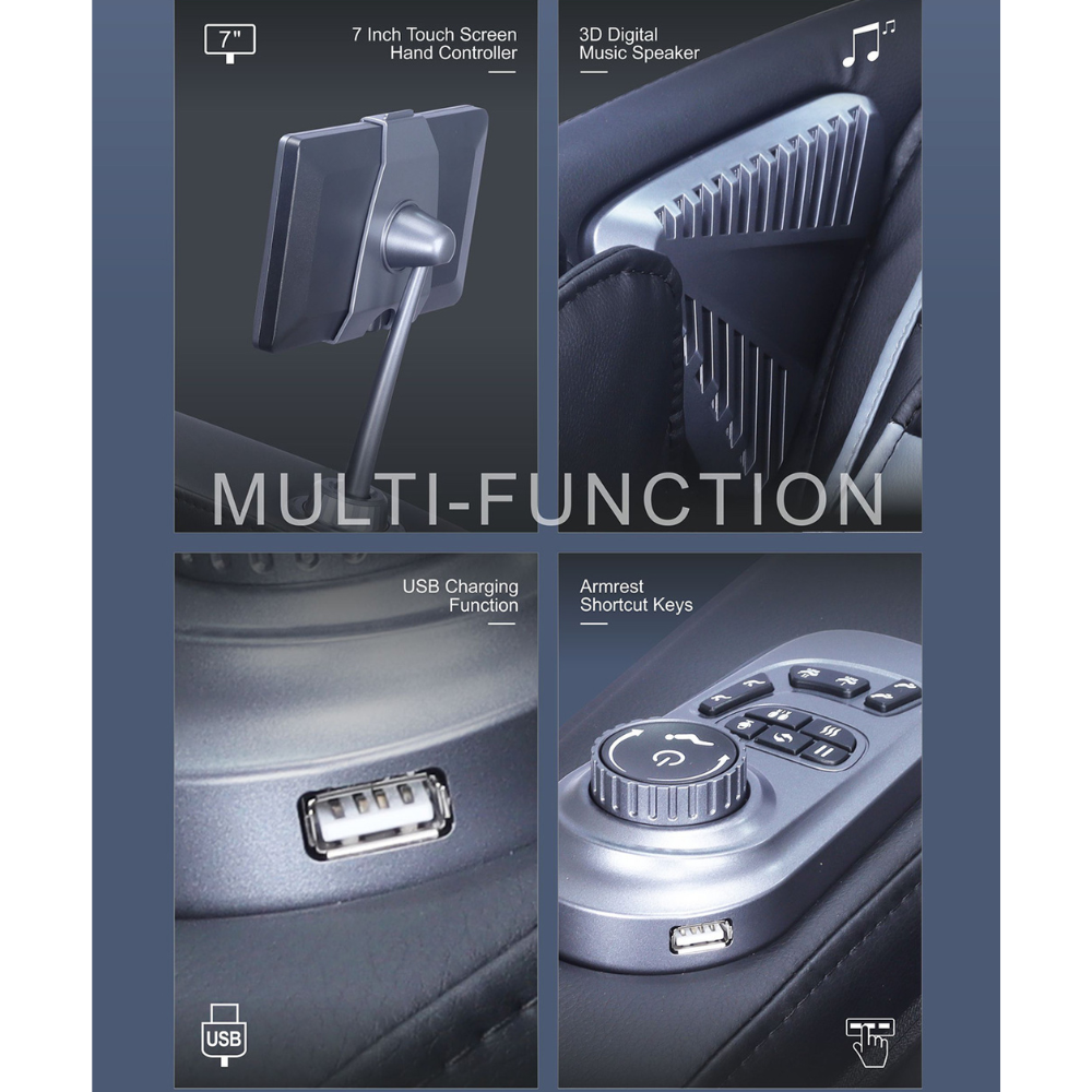 Close up of features on the BACKplus® 7000 Absolute Massage Chair showing USB, touch screen, speaker and armrest keys.