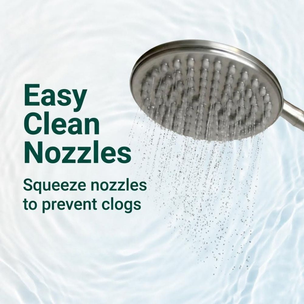 Brushed nickel shower head with water droplets and text about easy clean nozzles.