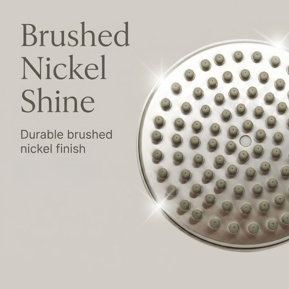 Round shower head with brushed nickel finish on a light gray background