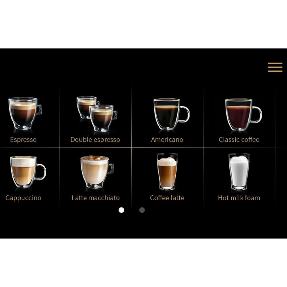Italia Cafe Fully Automatic Coffee Machine drink options on display screen