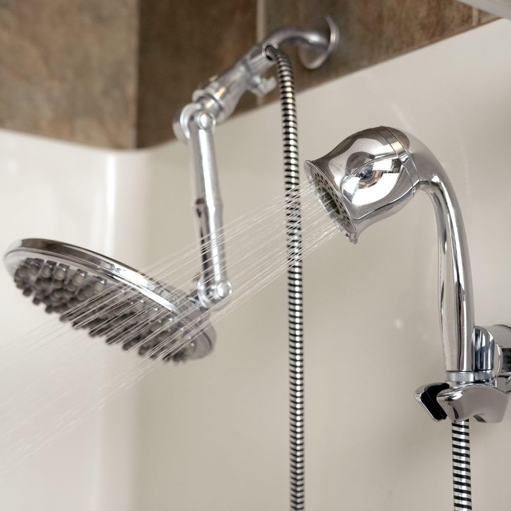 Chrome shower head and handheld shower with hose on a tiled wall background