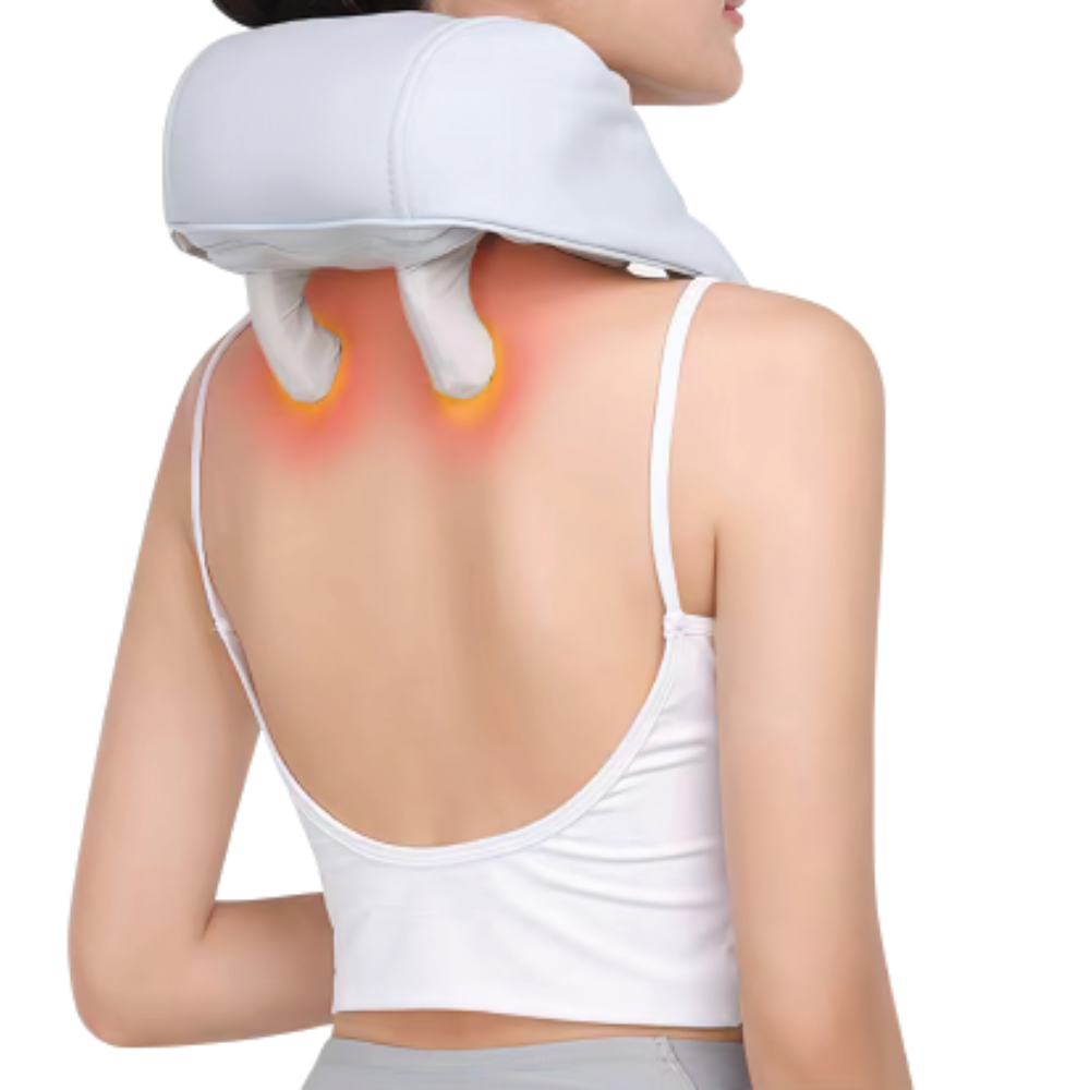 A close up of A woman relaxing with the BACKplus® Cordless Platinum Shiatsu Massager Hand Held Body Massager.