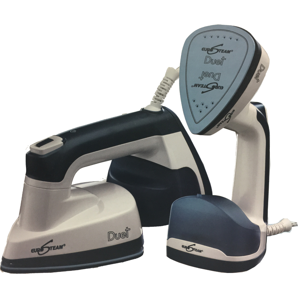 View of Eurosteam® Duet 2 in 1 steam iron showing both ironing positions it can be used in.