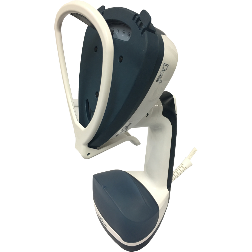 Side view of the Eurosteam® Duet 2 in 1 steam iron with crease attachment