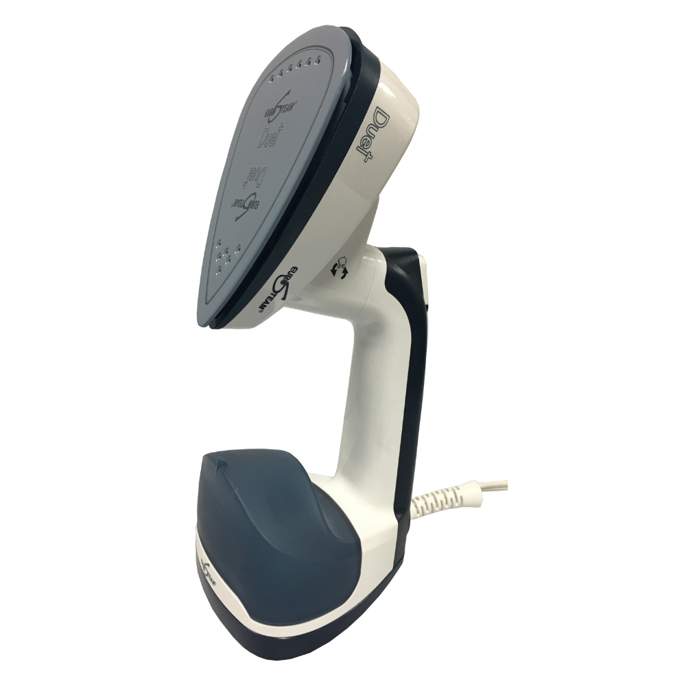 Side view of the Eurosteam® Duet 2 in 1 steam iron in vertical ironing position