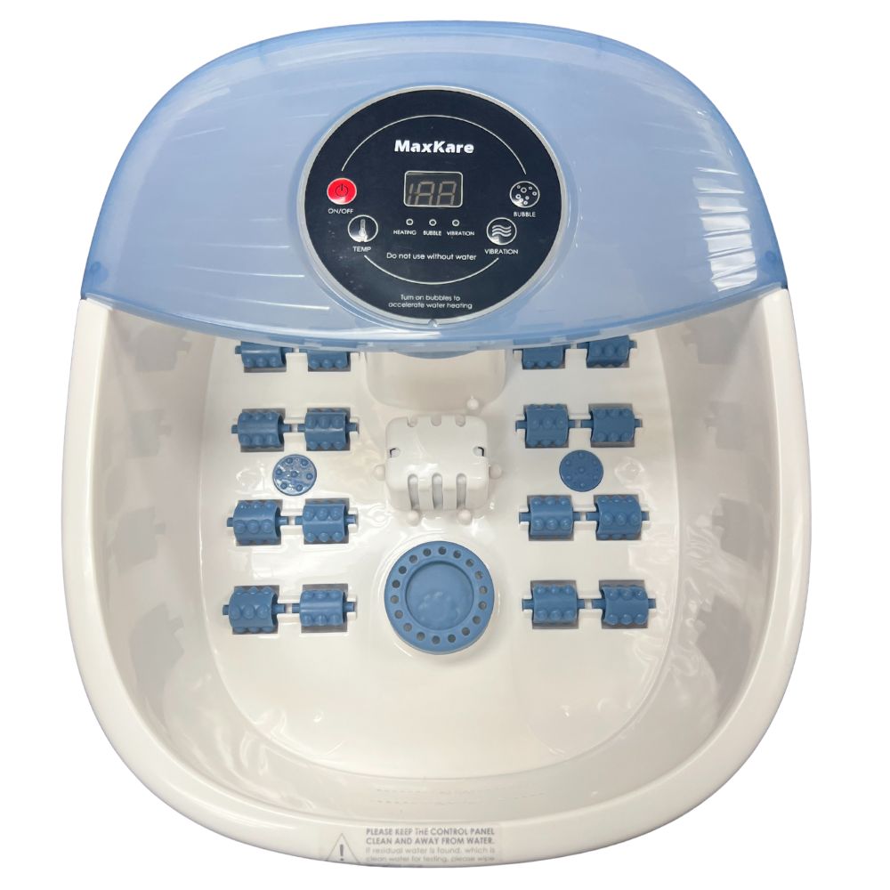 White and blue foot spa bath with digital control panel on a white background