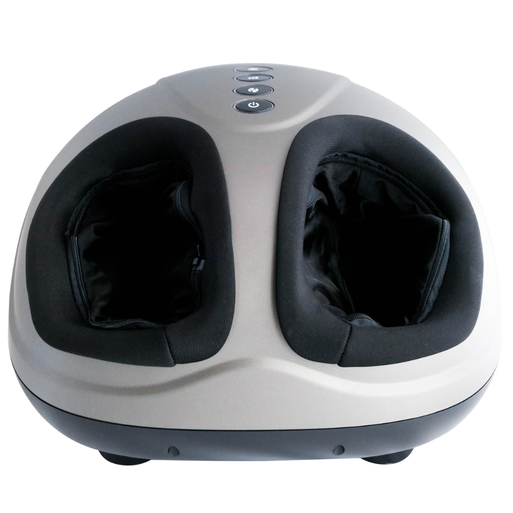 A sleek, gray foot massager with two cozy openings and control buttons on top, designed for relaxation and comfort.